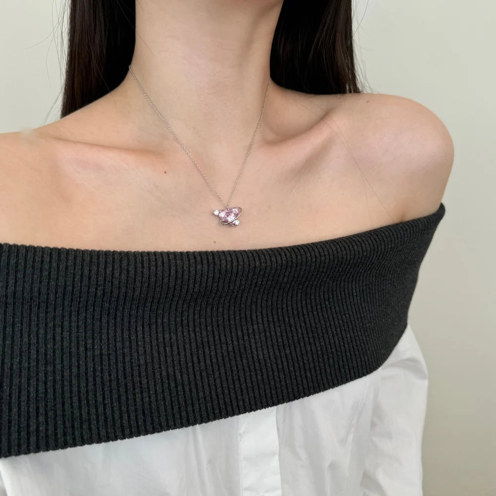 Fashion New Arrival S925 Silver Fade Free Link Chain 5A Cubic Zirconia Pink Diamond Heart Love Pendant Necklace Jewelry