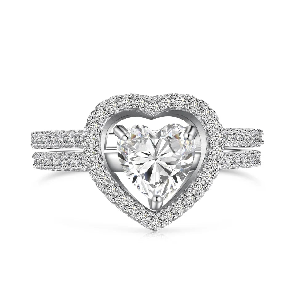 Statement Fine Jewelry S925 Silver Rhodium Plated Women 5A Cubic Zirconia Heart Shape Jewelry Detachable Set Rings