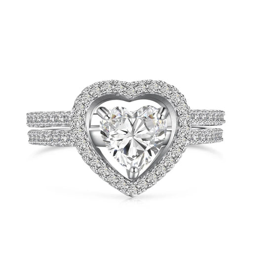 Statement Fine Jewelry S925 Silver Rhodium Plated Women 5A Cubic Zirconia Heart Shape Jewelry Detachable Set Rings