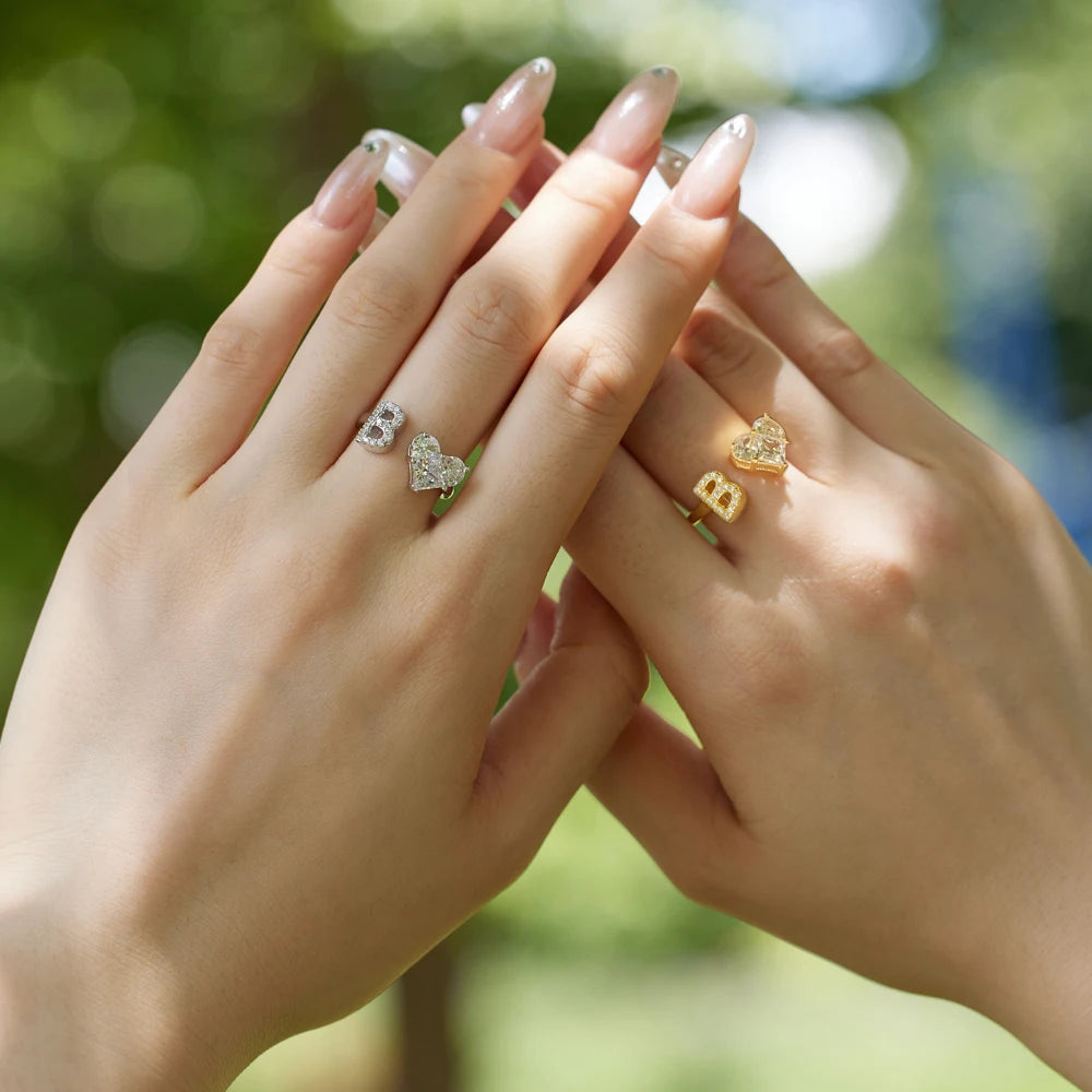 B Initial Letter Ring for Women Gold Stackable Alphabet Ring with Love Heart Shape 5A Cubic Zirconia Rings Bridesmaid Gift