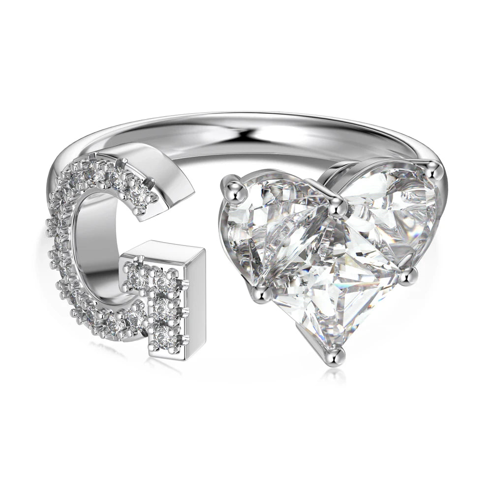 925 Sterling Silver 5A Zirconia Women Alphabet Capital Letter G Initial Stackable Adjustable Heart Rings Jewelry Gifts