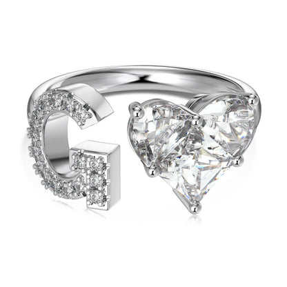 925 Sterling Silver 5A Zirconia Women Alphabet Capital Letter G Initial Stackable Adjustable Heart Rings Jewelry Gifts