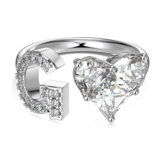 925 Sterling Silver 5A Zirconia Women Alphabet Capital Letter G Initial Stackable Adjustable Heart Rings Jewelry Gifts