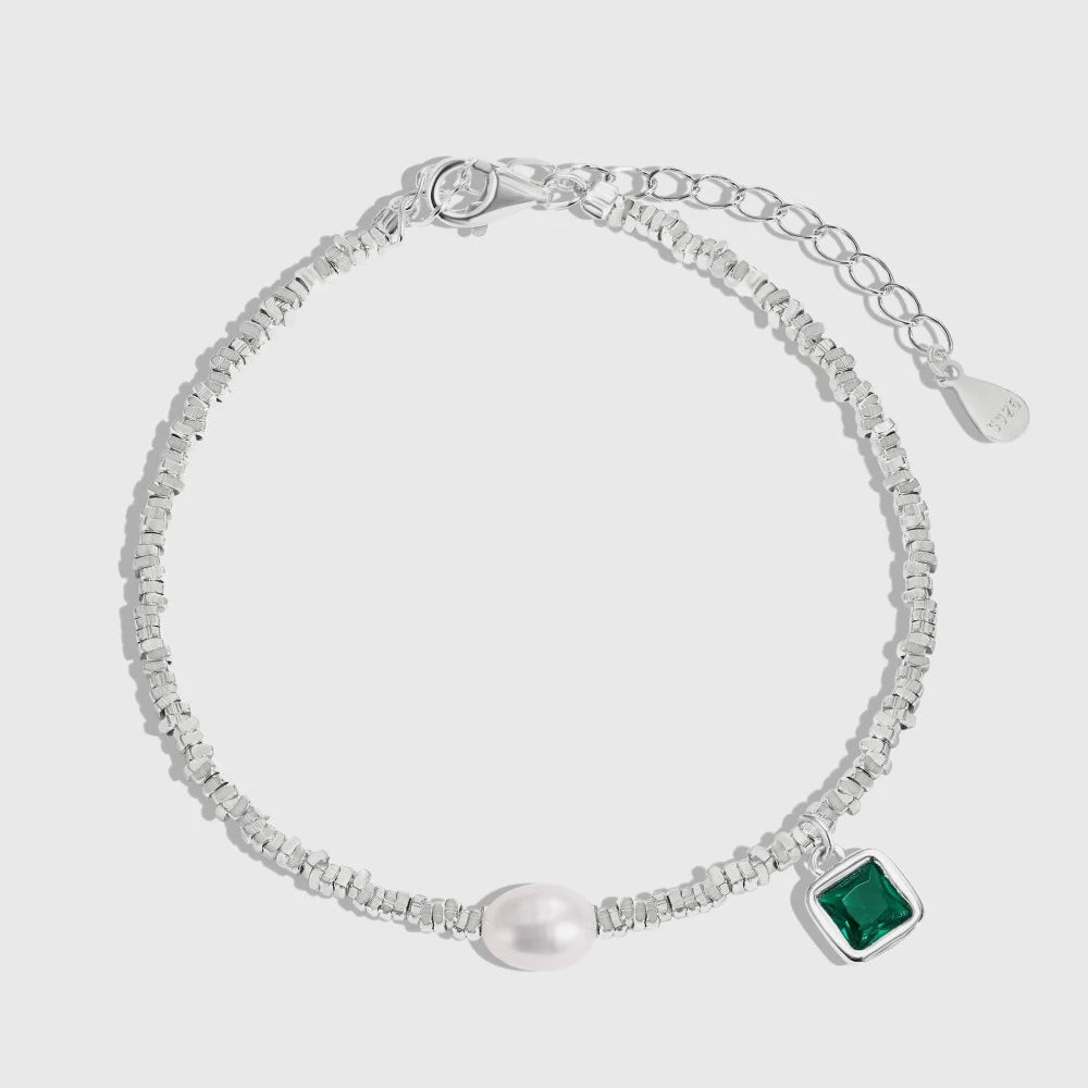 New Arrival Stylish S925 Silver Rhodium Plated Beaded Fresh Water Pearl Emerald Green 5A Zirconia Pendant Bracelets