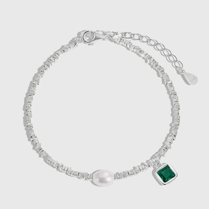 New Arrival Stylish S925 Silver Rhodium Plated Beaded Fresh Water Pearl Emerald Green 5A Zirconia Pendant Bracelets