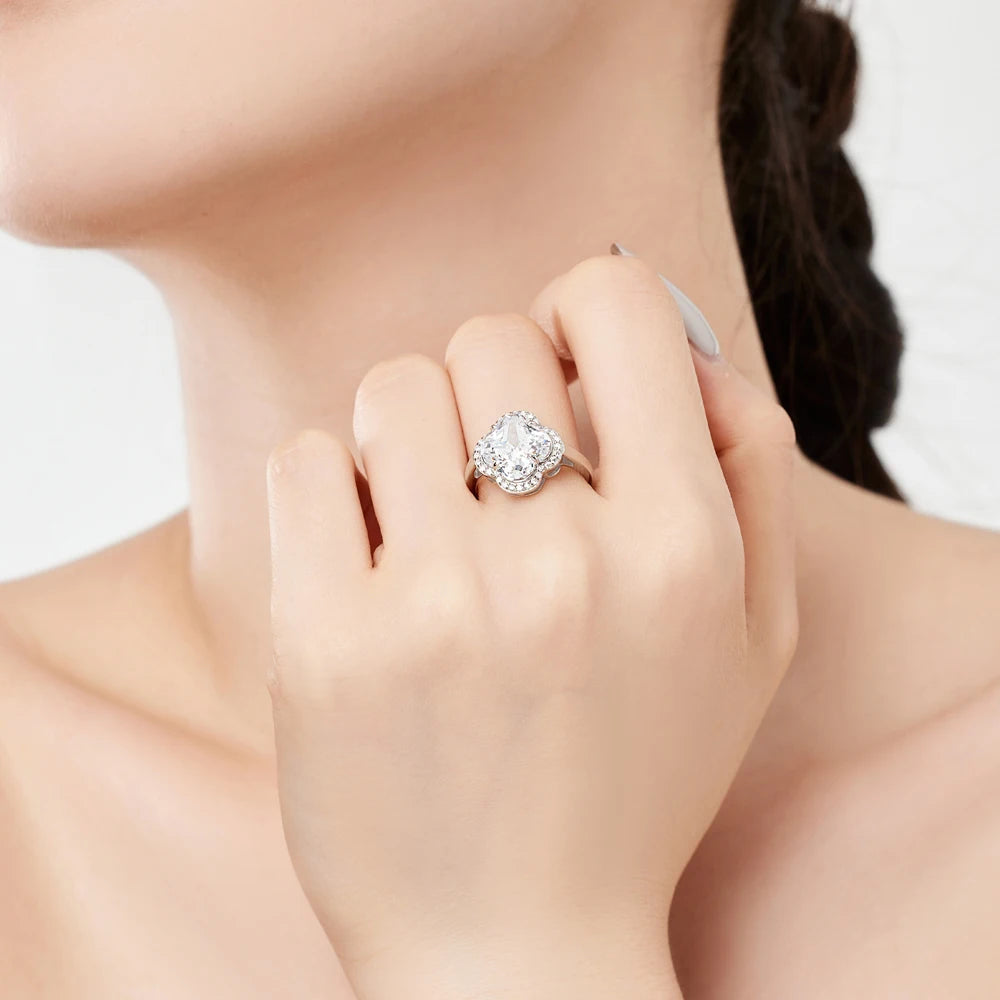 Charm Jewelry 925 Sterling Silver Rhodium Plated Eternity Band Blossom Flower Four-Leaf Clover Zirconia Women Rings