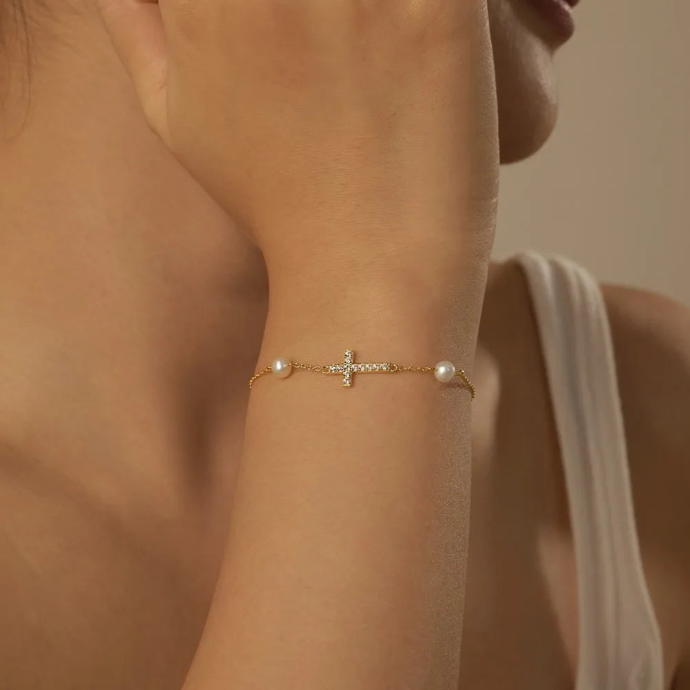 Vintage 18K Gold Plated Jewelry S925 Sterling Silver Bracelet Cz Zircon Cross Charms Freshwater Pearl Bracelets for Women