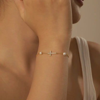 Vintage 18K Gold Plated Jewelry S925 Sterling Silver Bracelet Cz Zircon Cross Charms Freshwater Pearl Bracelets for Women