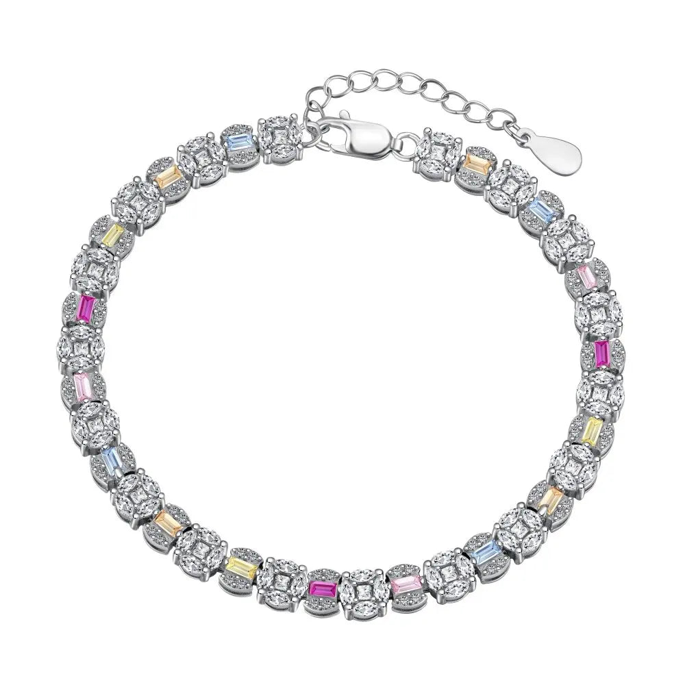 Square Shape Colorful S925 Sterling Silver Bracelet Jewelry Set Cubic Zirconia Pink Stone  Tennis Bracelets Women