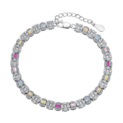 Square Shape Colorful S925 Sterling Silver Bracelet Jewelry Set Cubic Zirconia Pink Stone  Tennis Bracelets Women