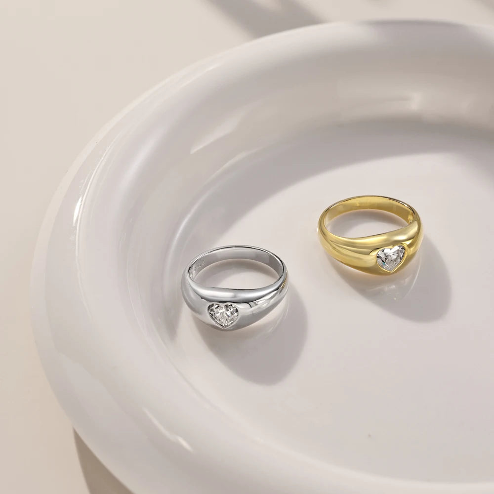 Personalized Design Women Girls Jewellery S925 Silver Gold Plated Chunky Polish Surface Heart Shape 5A Zirconium Rings