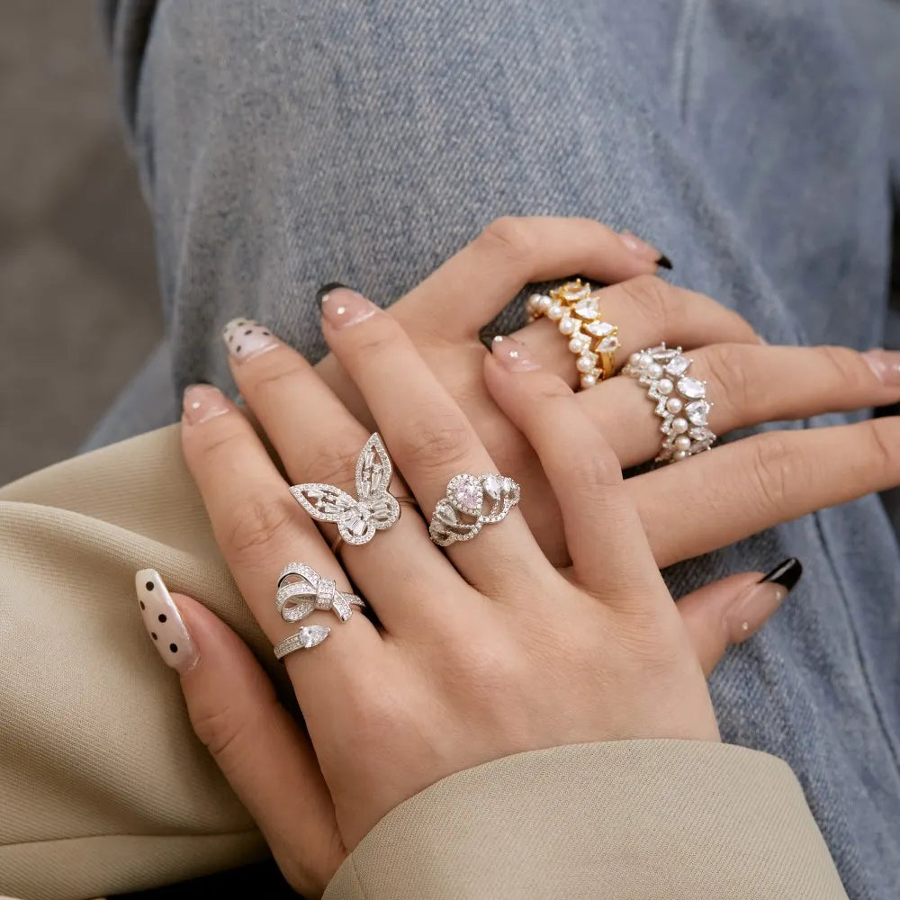 New Arrival Stylish S925 Silver Jewelry Rhodium Plated Resizable 5A Cubic Zirconia Sparkling Adjustable Bow Tie Rings