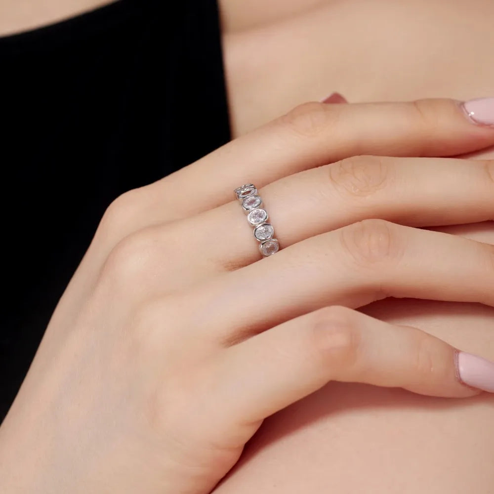 Classic Fine Jewelry S925 Silver Rhodium Plated Eternity Wedding Band Oval Shape 5A Cubic Zirconia Baguette Promise Rings