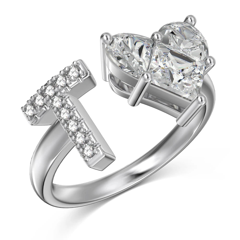 0.75 Carat Heart Shaped 5A Cubic Zircon Simulated Diamond Open Adjustable Wedding Anniversary A-Z Alphabet Initial T Ring