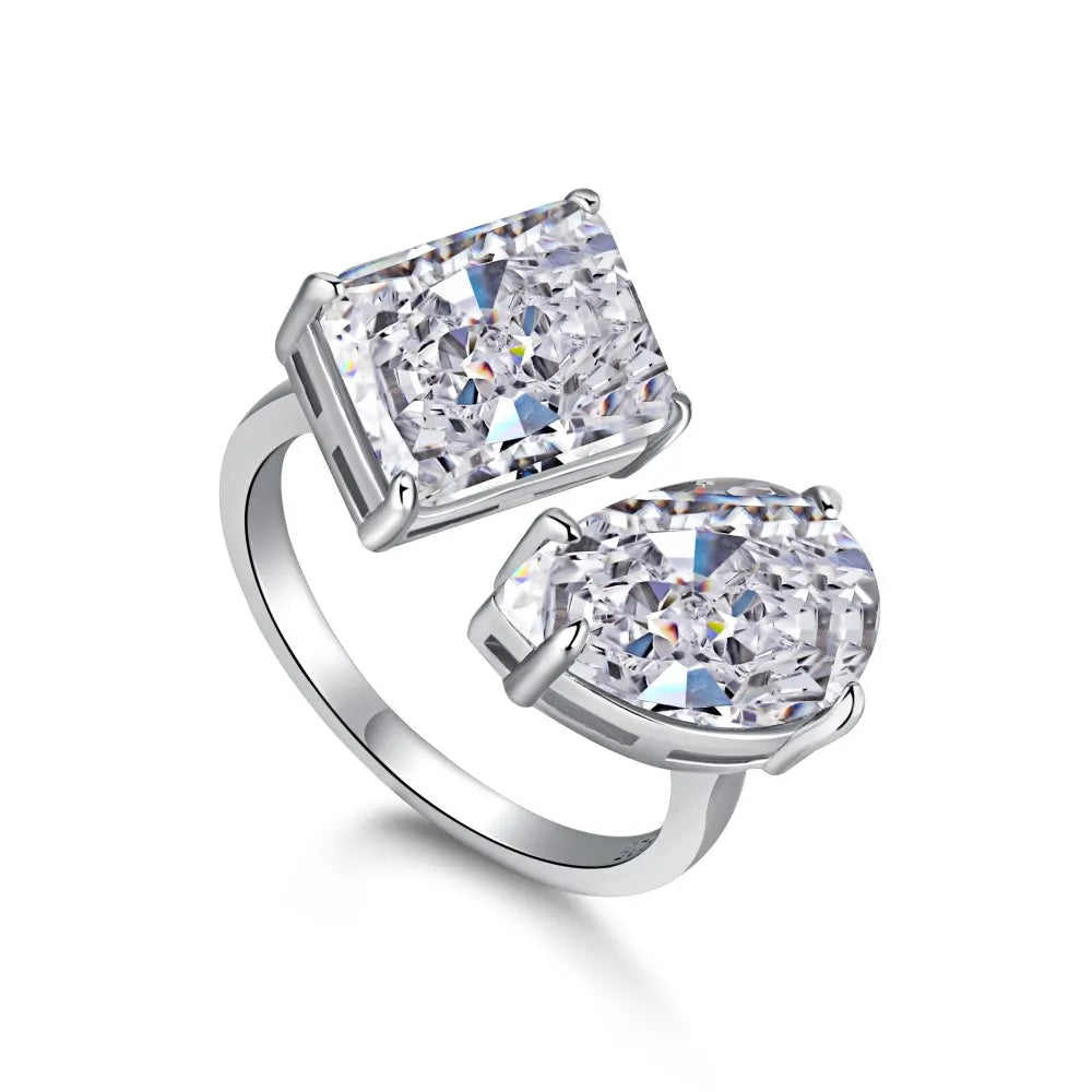 Eternity S925 Silver 2 Stone Engagement Ring 2ct Pear and 5ct Emerald Shape Zirconia Adjustable Wedding Anniversary Ring