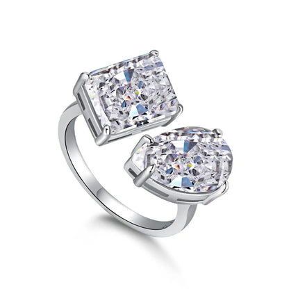 Eternity S925 Silver 2 Stone Engagement Ring 2ct Pear and 5ct Emerald Shape Zirconia Adjustable Wedding Anniversary Ring