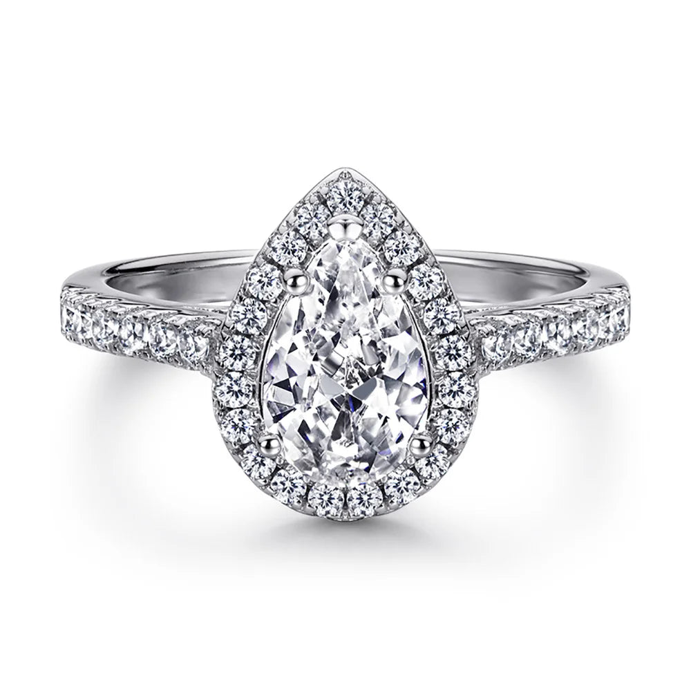 Women's Fine Jewelry Rhodium Plated Teardrop Halo Pear Cut Cubic Zirconia CZ Solitaire Engagement Ring