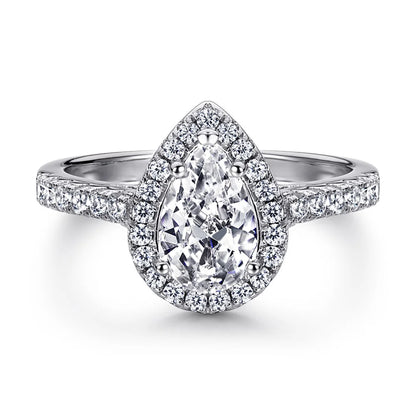 Women's Fine Jewelry Rhodium Plated Teardrop Halo Pear Cut Cubic Zirconia CZ Solitaire Engagement Ring