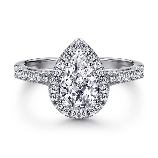 Women's Fine Jewelry Rhodium Plated Teardrop Halo Pear Cut Cubic Zirconia CZ Solitaire Engagement Ring