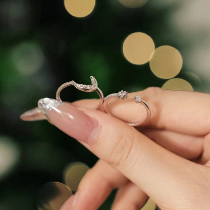Good Christmas Xmas Festival Gift Presents Jewellery S925 Silver Double Layer Moon Crescent Star 5A Zirconia Jewelry Rings