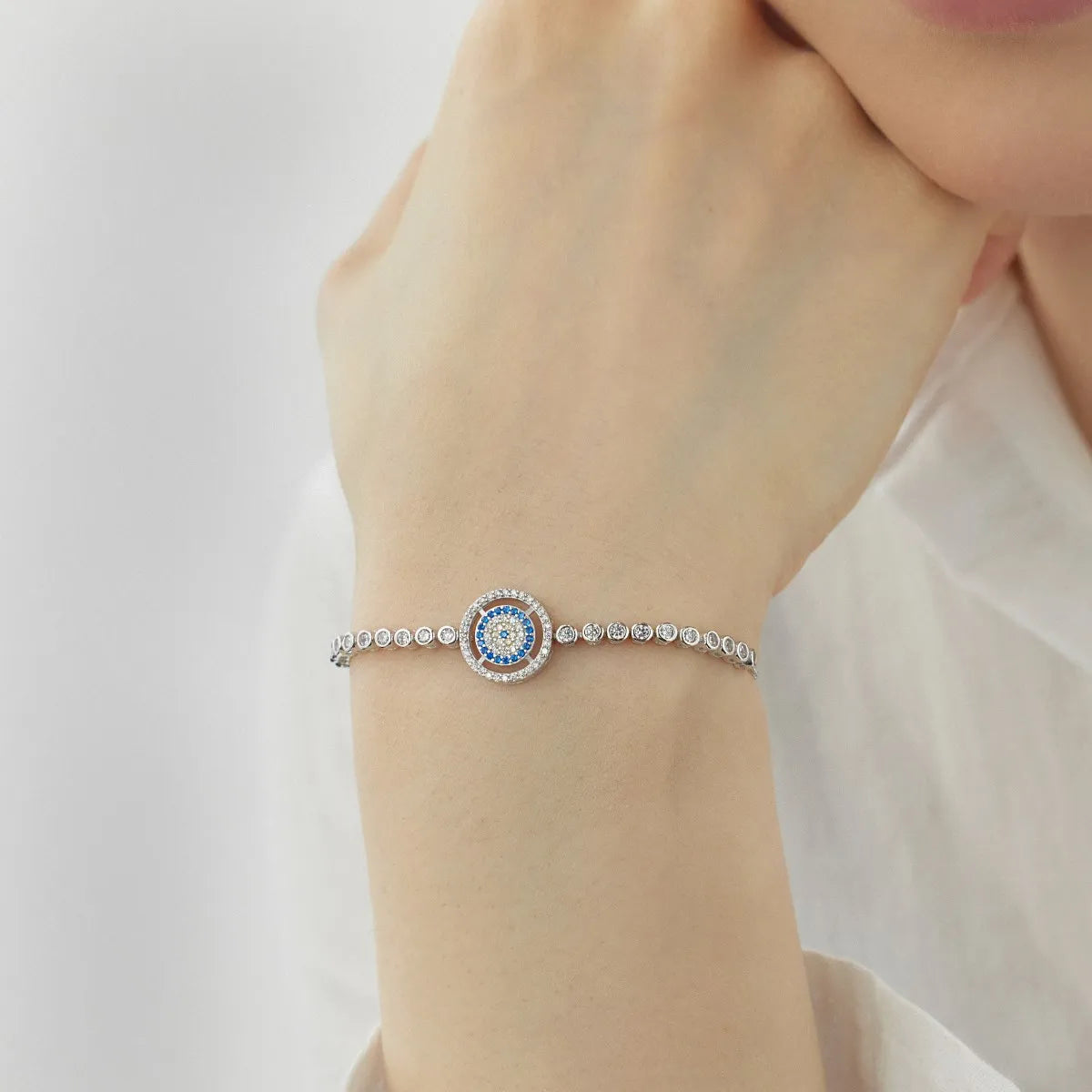 Vintage Waterproof 925 Sterling Silver Lucky Blue Evil Eyes Chain Bracelet Sparkling Cz Cubic Zirconia Bracelets for Women