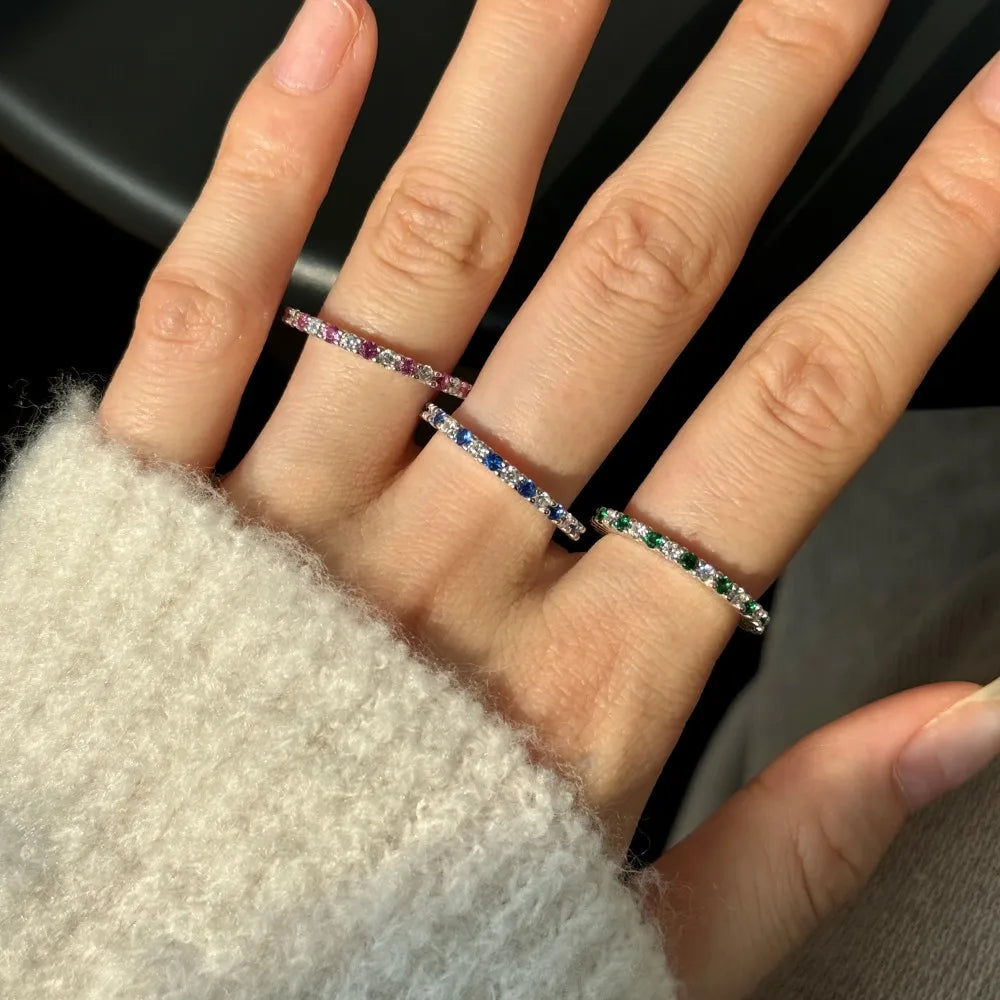 Dainty Classic Design S925 Silver Eternity Band Baguette Pink Green Blue 5A Cubic Zirconia Wedding Promise Bridal Rings
