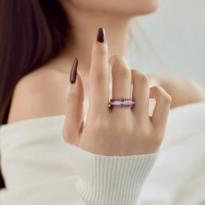 Statement Jewelry Solid Sterling Silver Rhodium Plated Three Layer 5A Zirconia Eternity Band Rotatable Baguette Rings