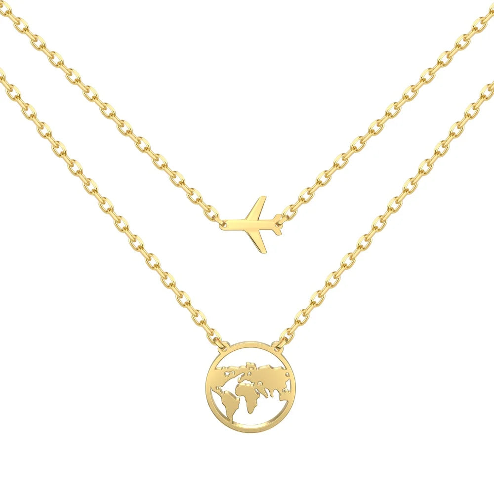 High Quality Silver Hollow World Map Pendant Necklace Earth Jewelry 18K Gold Plated Waterproof Chain Airplane Necklaces