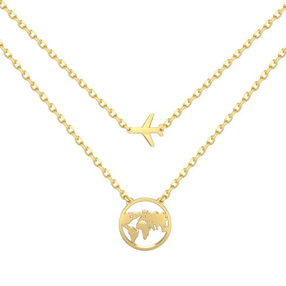 High Quality Silver Hollow World Map Pendant Necklace Earth Jewelry 18K Gold Plated Waterproof Chain Airplane Necklaces