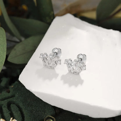 Hypoallergenic Nickel Free 925 Sterling Silver Kid Children 5A CZ Cubic Zirconia Hallow Out Crown Stud Earrings