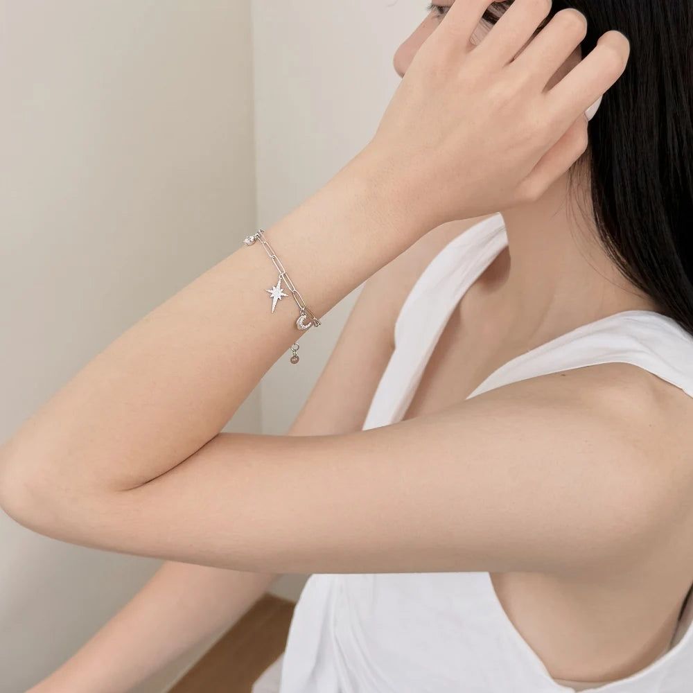925 Sterling Silver Moon & Star CZ Chain Bracelet product image 5
