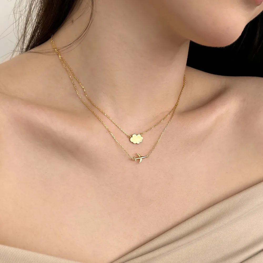 Hot Sale Creative Airplane Cloud Chain Pendant 18K Gold Plated Double Layered Necklace Exquisite S925 Silver Necklaces for Women