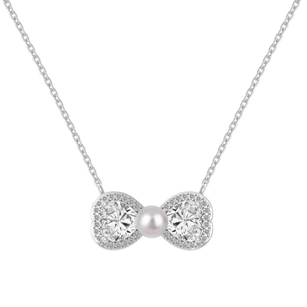 925 Sterling Silver Bow Pearl Pendant Necklace by KAKODIY
