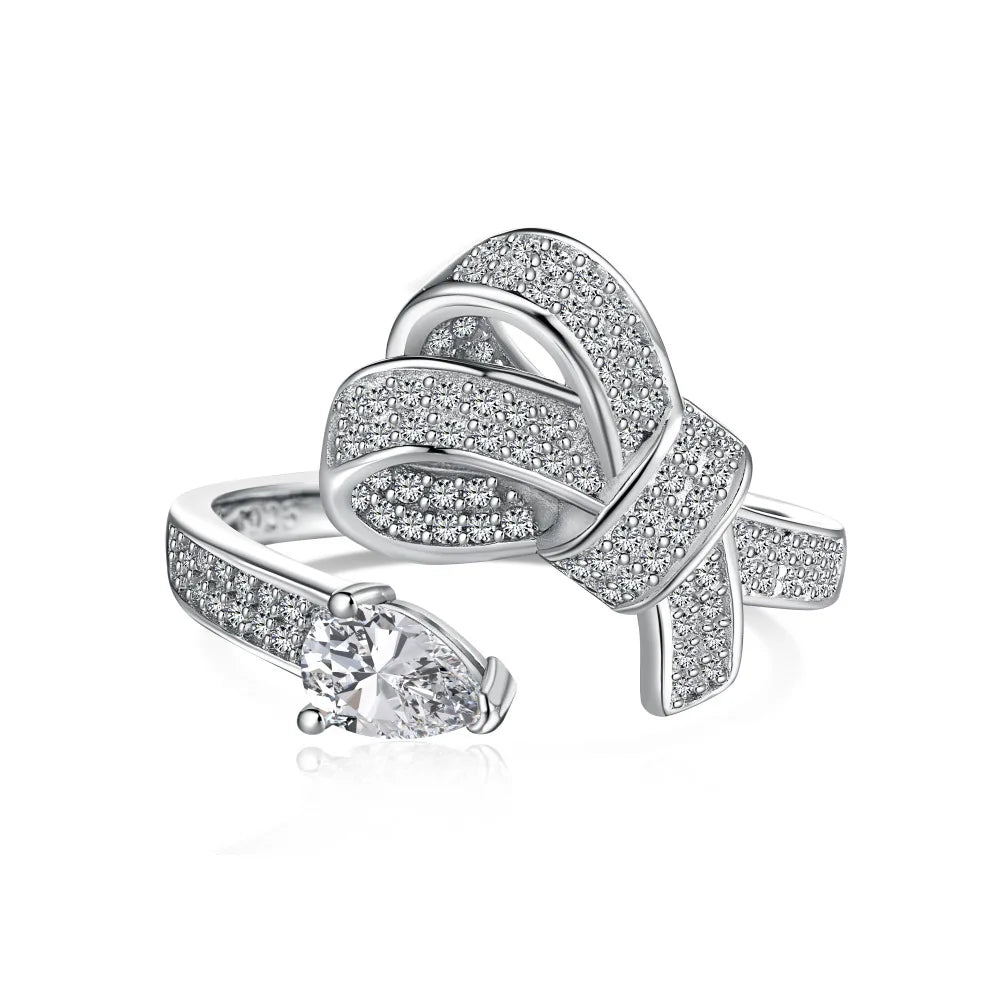 New Arrival Stylish S925 Silver Jewelry Rhodium Plated Resizable 5A Cubic Zirconia Sparkling Adjustable Bow Tie Rings