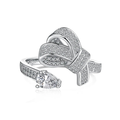 New Arrival Stylish S925 Silver Jewelry Rhodium Plated Resizable 5A Cubic Zirconia Sparkling Adjustable Bow Tie Rings