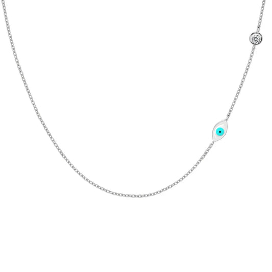 Simplicity Design Solid 925 Sterling Silver Link Chain Enamel 5A Cubic Zirconia Evil Blue Eyes Chain Necklace for Women