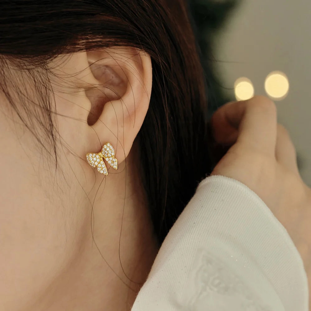 KAKODIY New Design Sterling Silver Christmas Collection Rhodium 18K Gold Plated 5A Cubic Zirconia Butterfly Bow Stud Earrings - product image 3