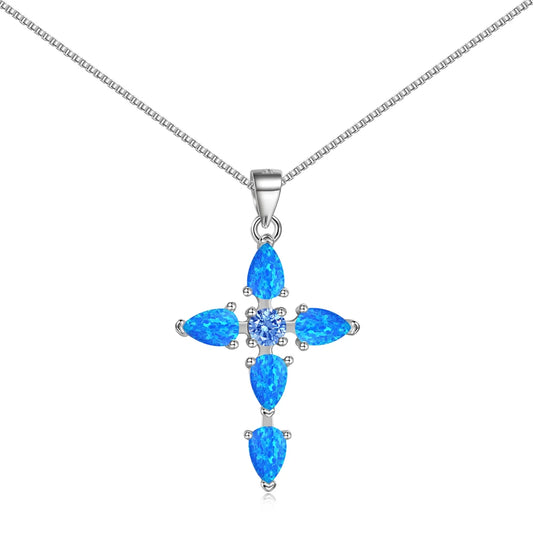 925 Sterling Silver Cross Opal Pendant Necklace by KAKODIY