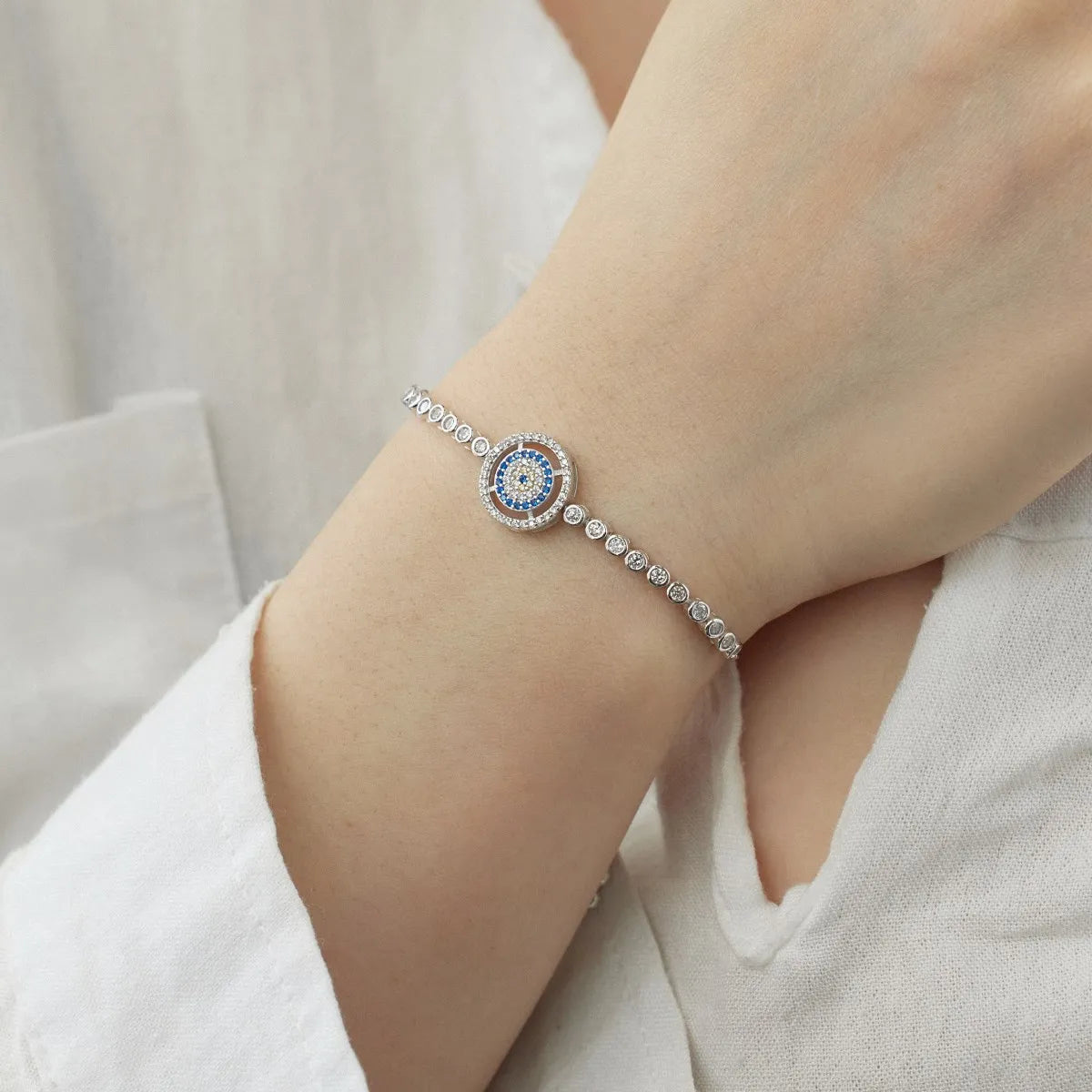 Vintage Waterproof 925 Sterling Silver Lucky Blue Evil Eyes Chain Bracelet Sparkling Cz Cubic Zirconia Bracelets for Women