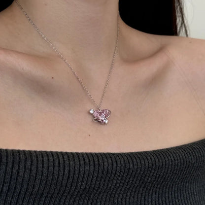 Fashion New Arrival S925 Silver Fade Free Link Chain 5A Cubic Zirconia Pink Diamond Heart Love Pendant Necklace Jewelry