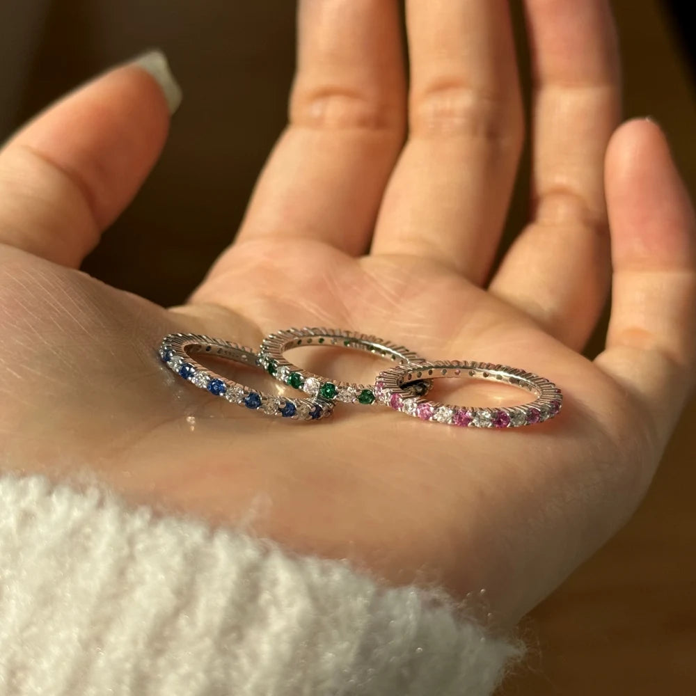Dainty Classic Design S925 Silver Eternity Band Baguette Pink Green Blue 5A Cubic Zirconia Wedding Promise Bridal Rings