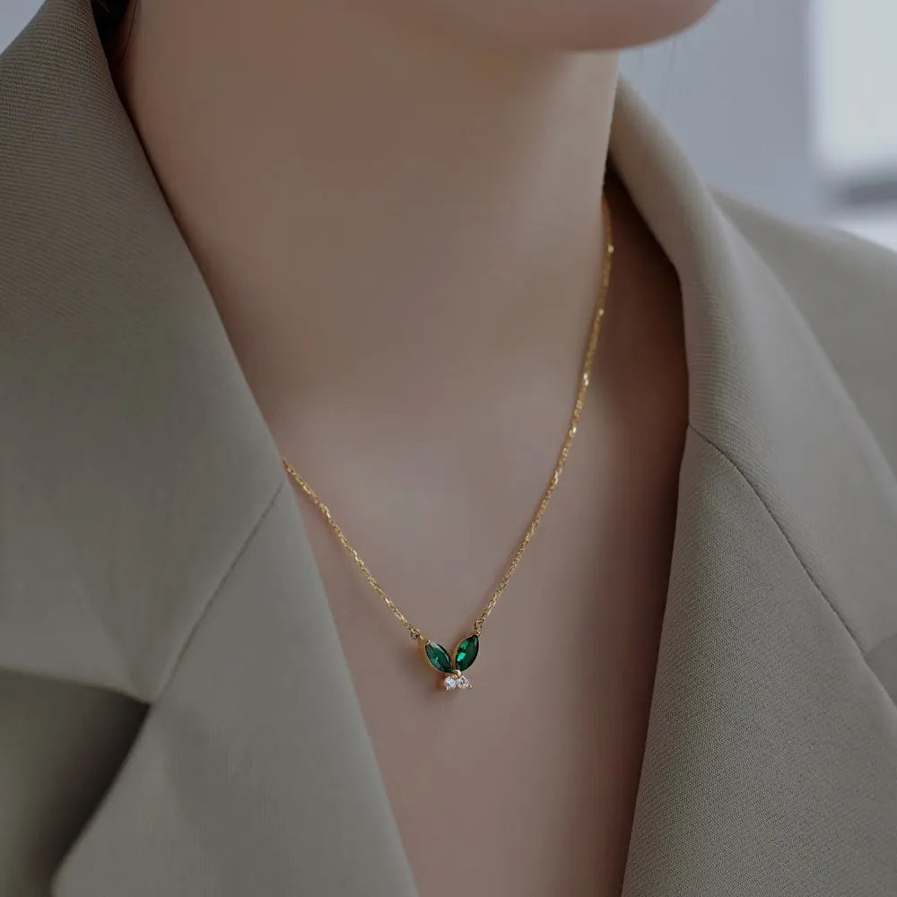 Non Tarnish Free Waterproof Choker Jewelry Cubic Zircon 18K Gold Plated Necklace 925 Silver Red Green Butterfly Necklaces Women