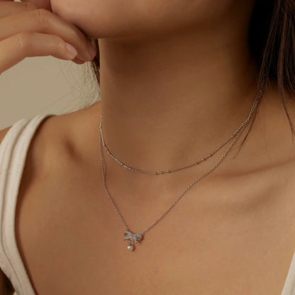 Wholesale Cubic Zirconia Bow Necklace Elegant Sweet Double-Layer Clavicle Chain 925 Silver 18K Gold Plated Necklaces Women
