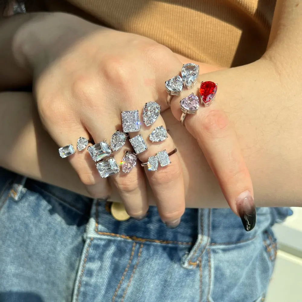 Eternity Rhodium Plated S925 Silver 2 Stone Engagement 1.5ct Pear Shape Zircon Open Adjustable Wedding Anniversary Ring