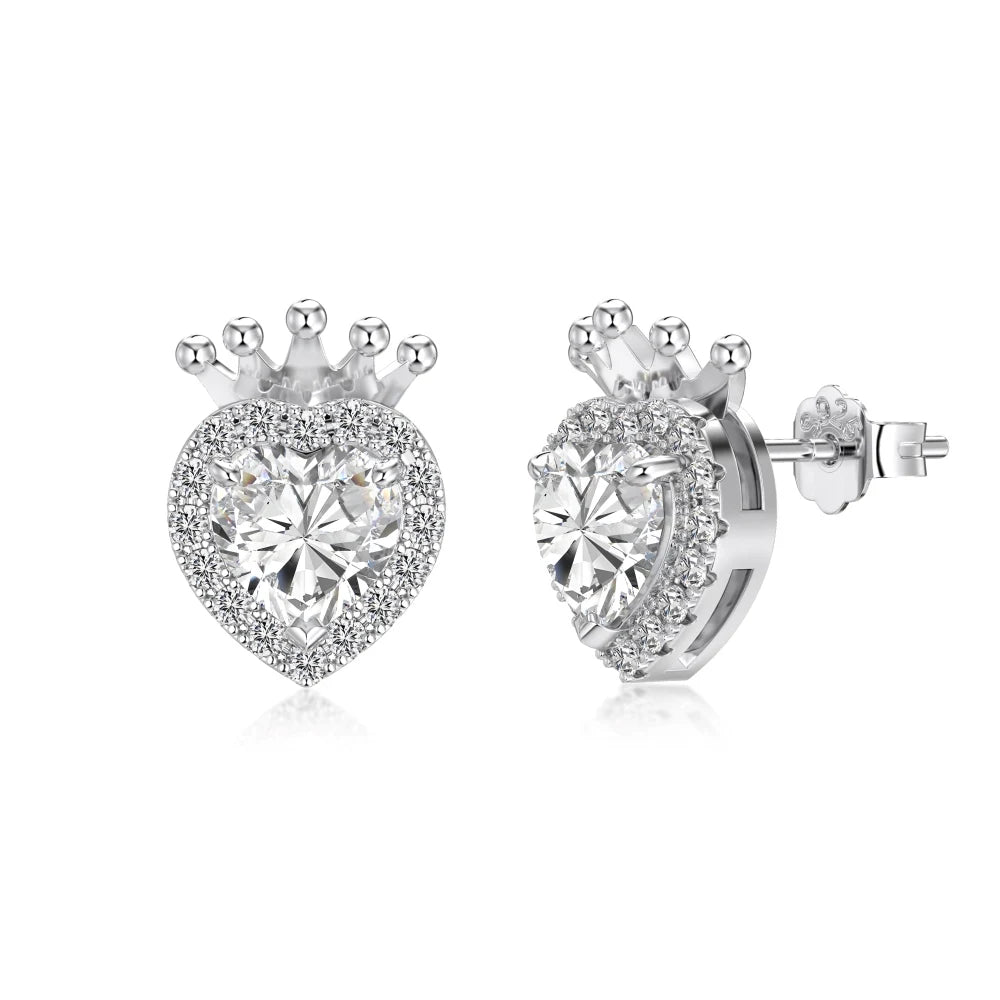 KAKODIY Cute Charms Rhodium-plated 925 Sterling Silver 5A Square Zircon Shiny Heart Crown Stud Earrings for Women Girls