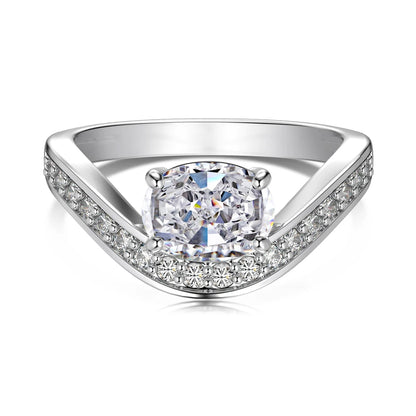 Fine Top Jewelry Manufacturer 925 Sterling Silver Geometric V-shape Oval 5A Cubic Zirconia Wedding Band Women Bridal Rings