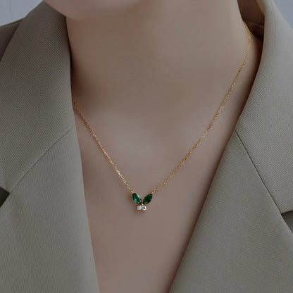 Non Tarnish Free Waterproof Choker Jewelry Cubic Zircon 18K Gold Plated Necklace 925 Silver Red Green Butterfly Necklaces Women