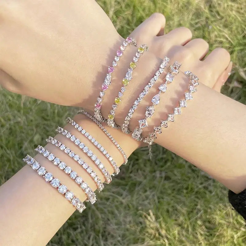 925 Sterling Silver Bracelet Rhodium Plated 4mm Square 5A Cubic Zirconia Jewelry Bangle Tennis Bracelets for Women