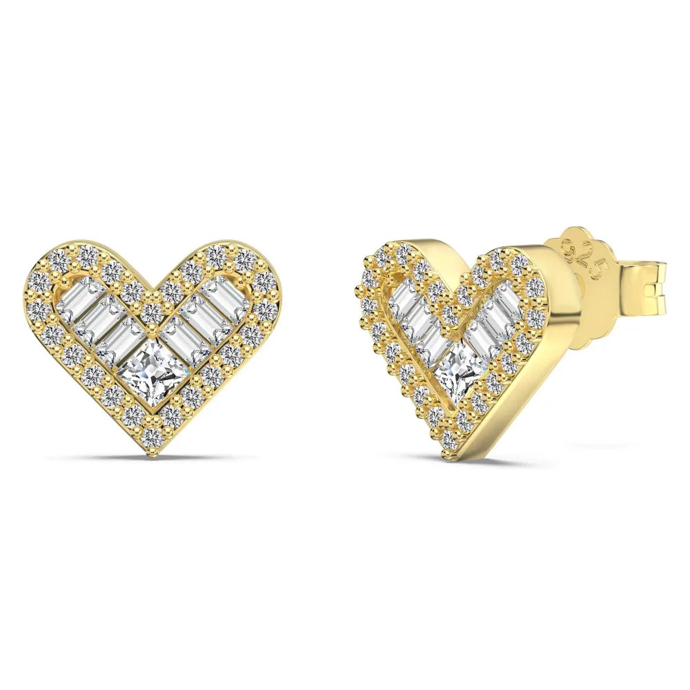 KAKODIY 925 Gorgeous Sterling Silver Heart Stud Earrings, Zirconia Paving 14K Gold Plated Earrings