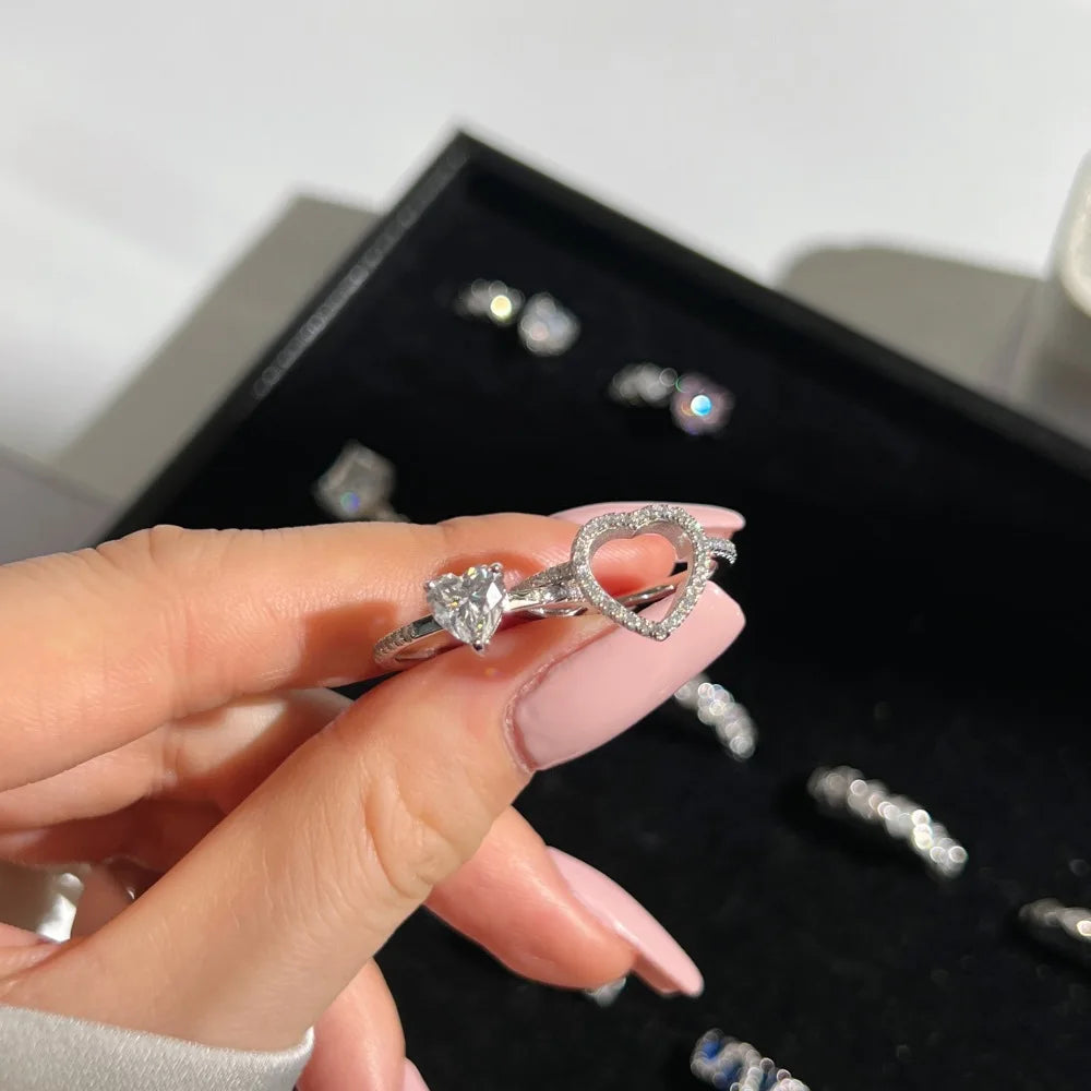 Statement Fine Jewelry S925 Silver Rhodium Plated Women 5A Cubic Zirconia Heart Shape Jewelry Detachable Set Rings